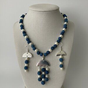Blue Lava Stone and Glass Pearls Necklace and Pierced Earrings Set
